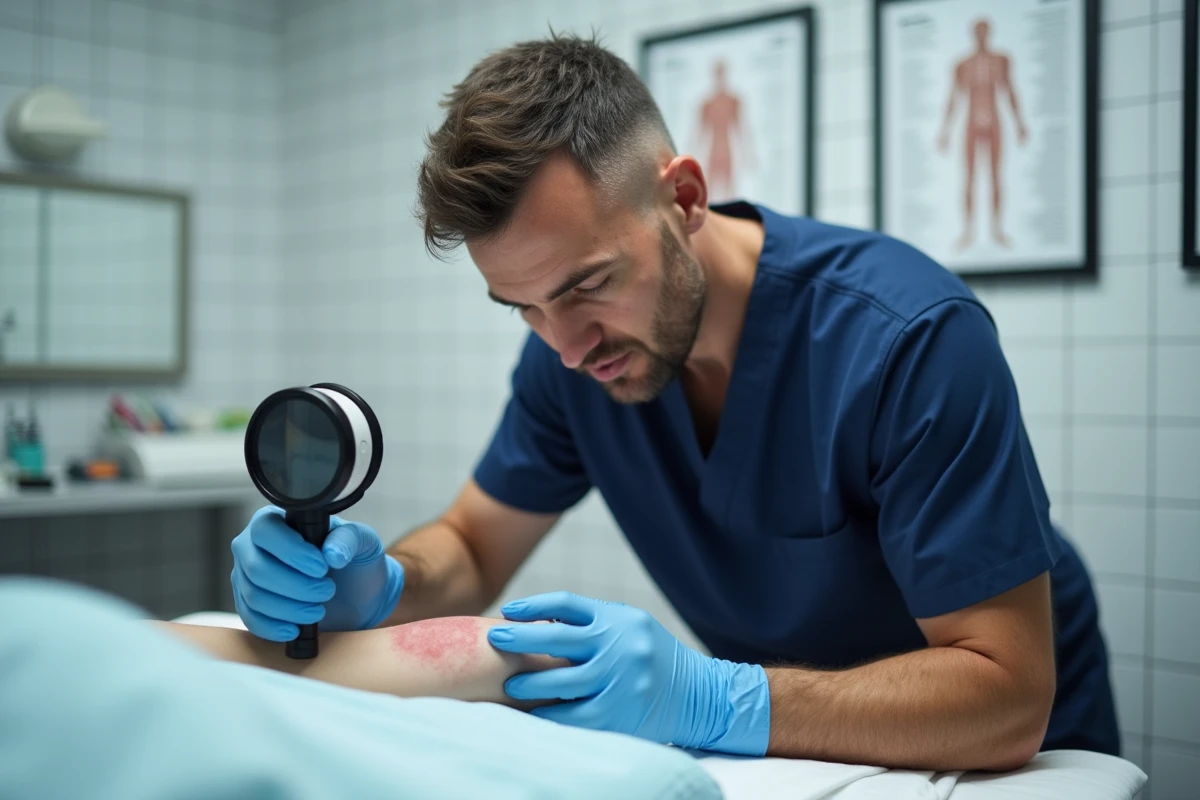 Dermatologue examinant une lésion cutanée avec un dermatoscope lors d'un bilan médical