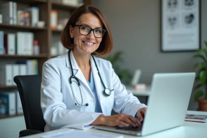 Dermatologue femme examinant des images de peau sur son ordinateur