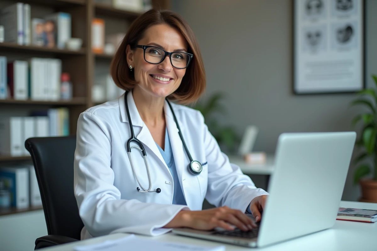 Dermatologue femme examinant des images de peau sur son ordinateur