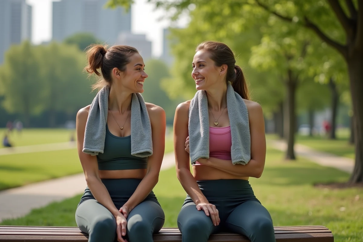Deux femmes discutant après une séance de sport en plein air