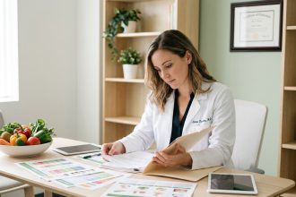 Diététicienne en consultation dans un cabinet professionnel avec des documents nutritionnels et des légumes frais sur le bureau