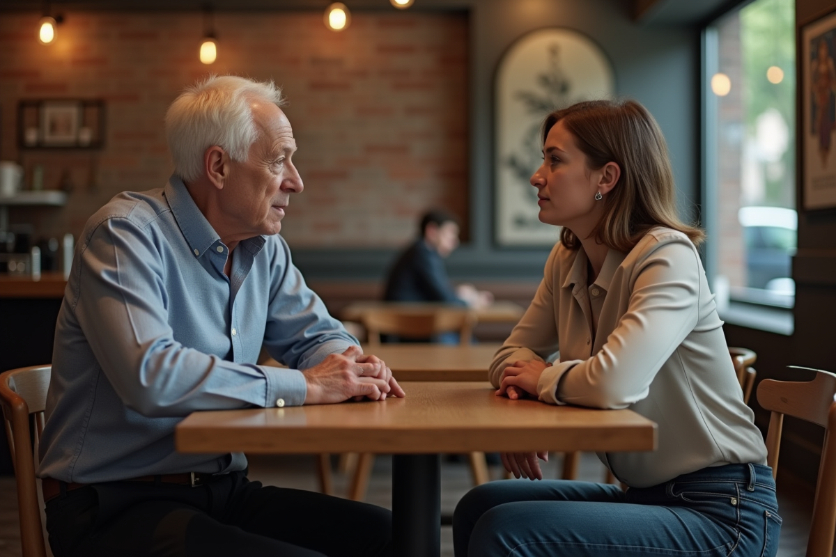 Homme et femme discutant dans un café cosy et authentique