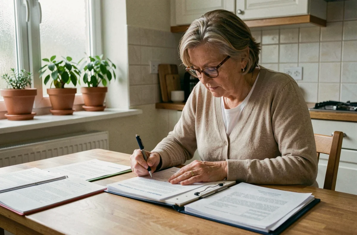 Femme remplissant seule un dossier de demande MDPH avec des attestations médicales étalées sur la table de cuisine