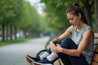 Femme tenant le côté extérieur de son pied gauche douloureux assise sur un banc de parc