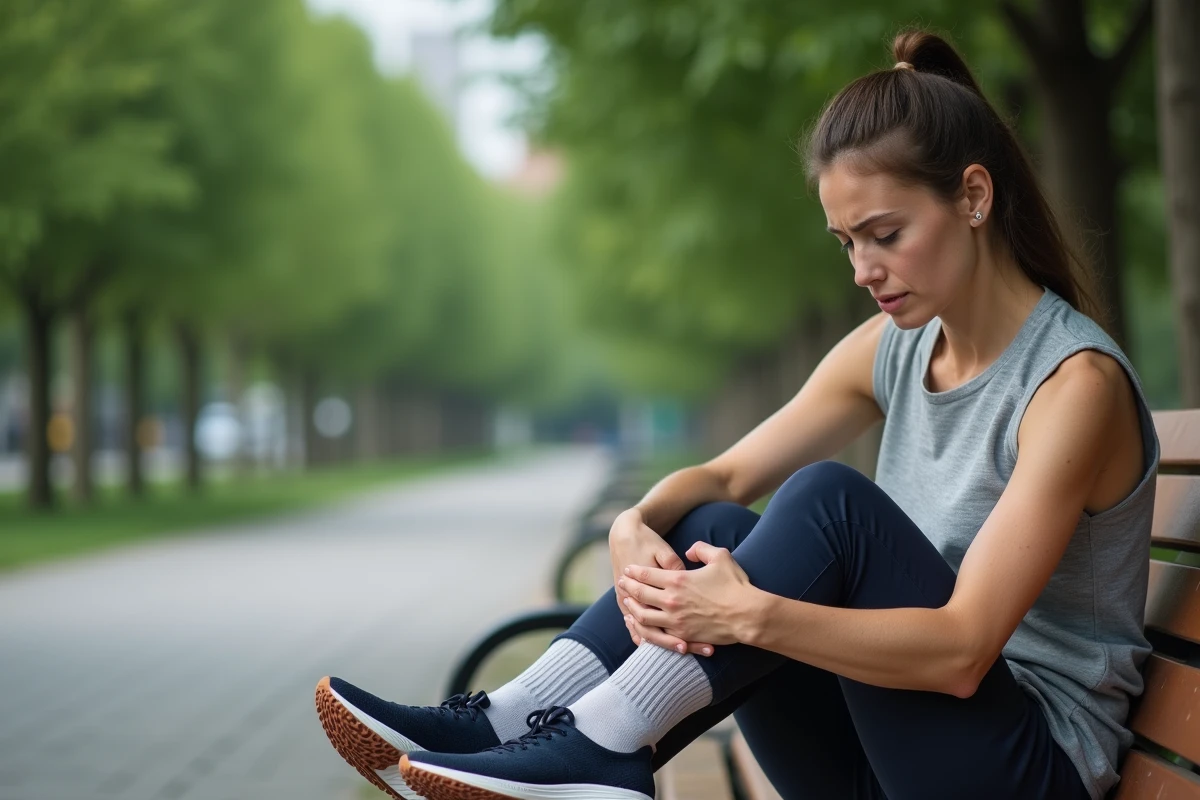 Femme tenant le côté extérieur de son pied gauche douloureux assise sur un banc de parc