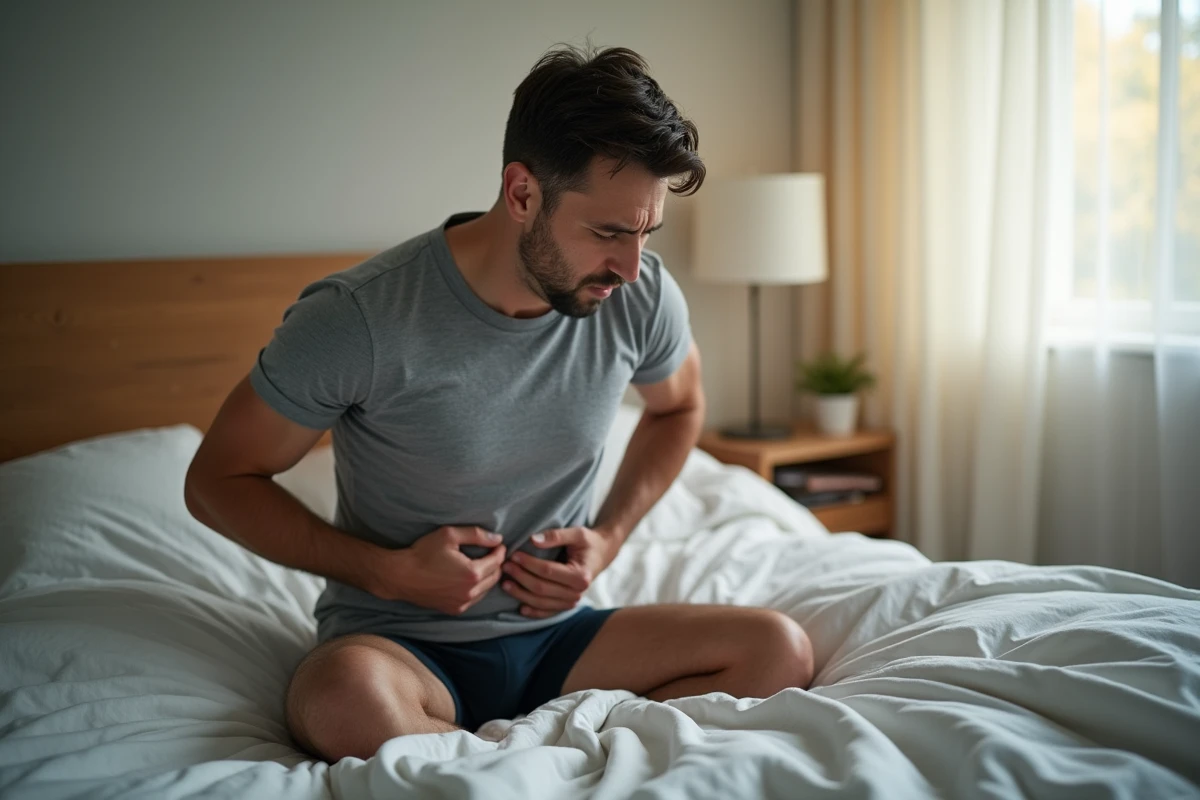 Homme se réveillant avec une douleur dans le bas du dos côté gauche assis au bord du lit