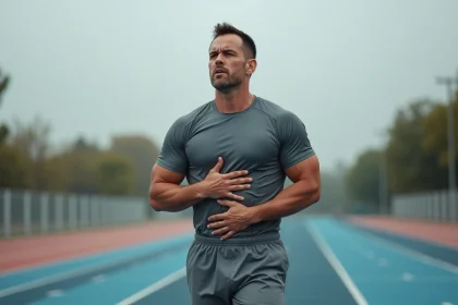 Homme tenant son côté droit après un effort de course, douleur intercostale visible sur piste de running