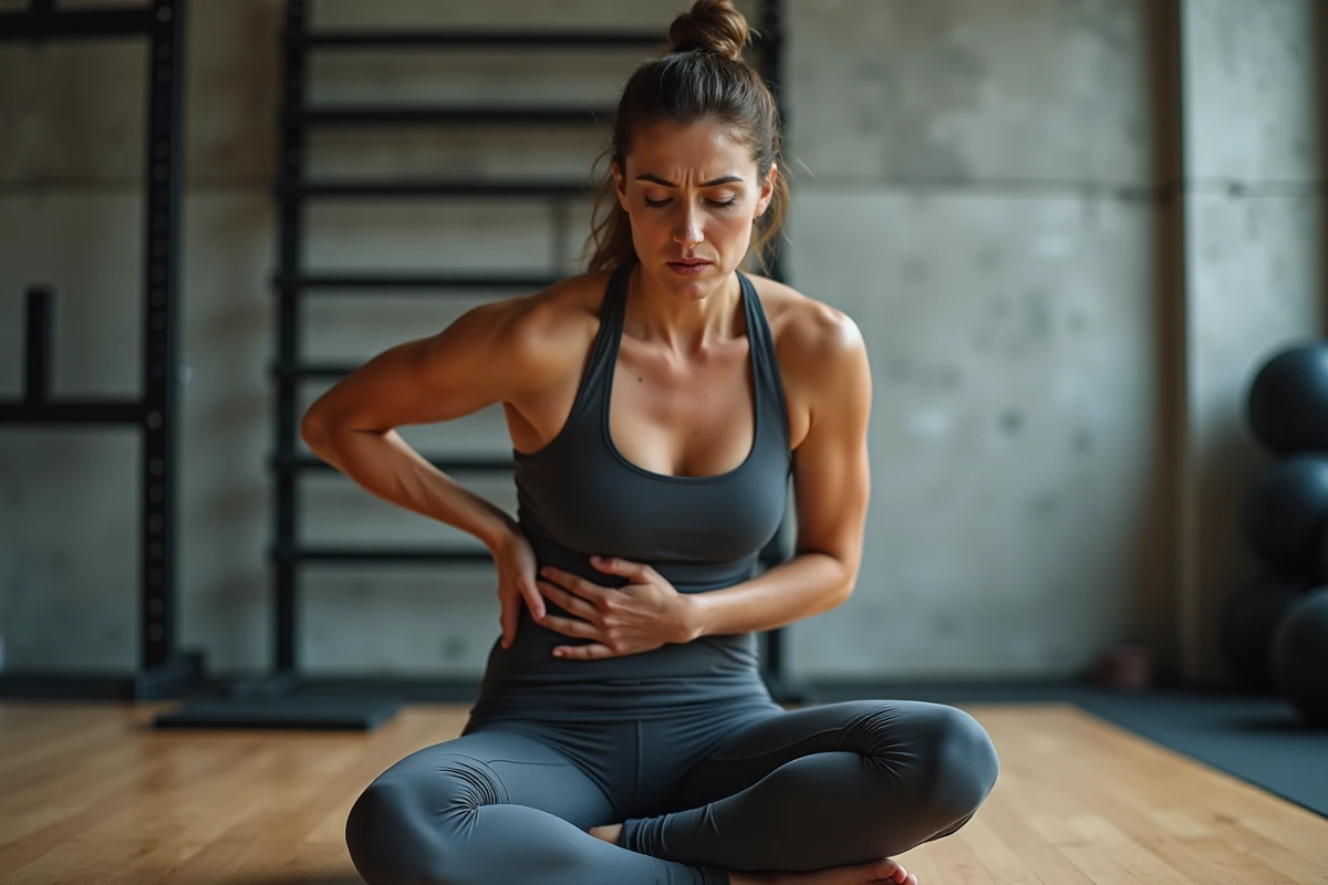 Femme assise en salle de sport tenant ses côtes avec expression de douleur intercostale après exercice