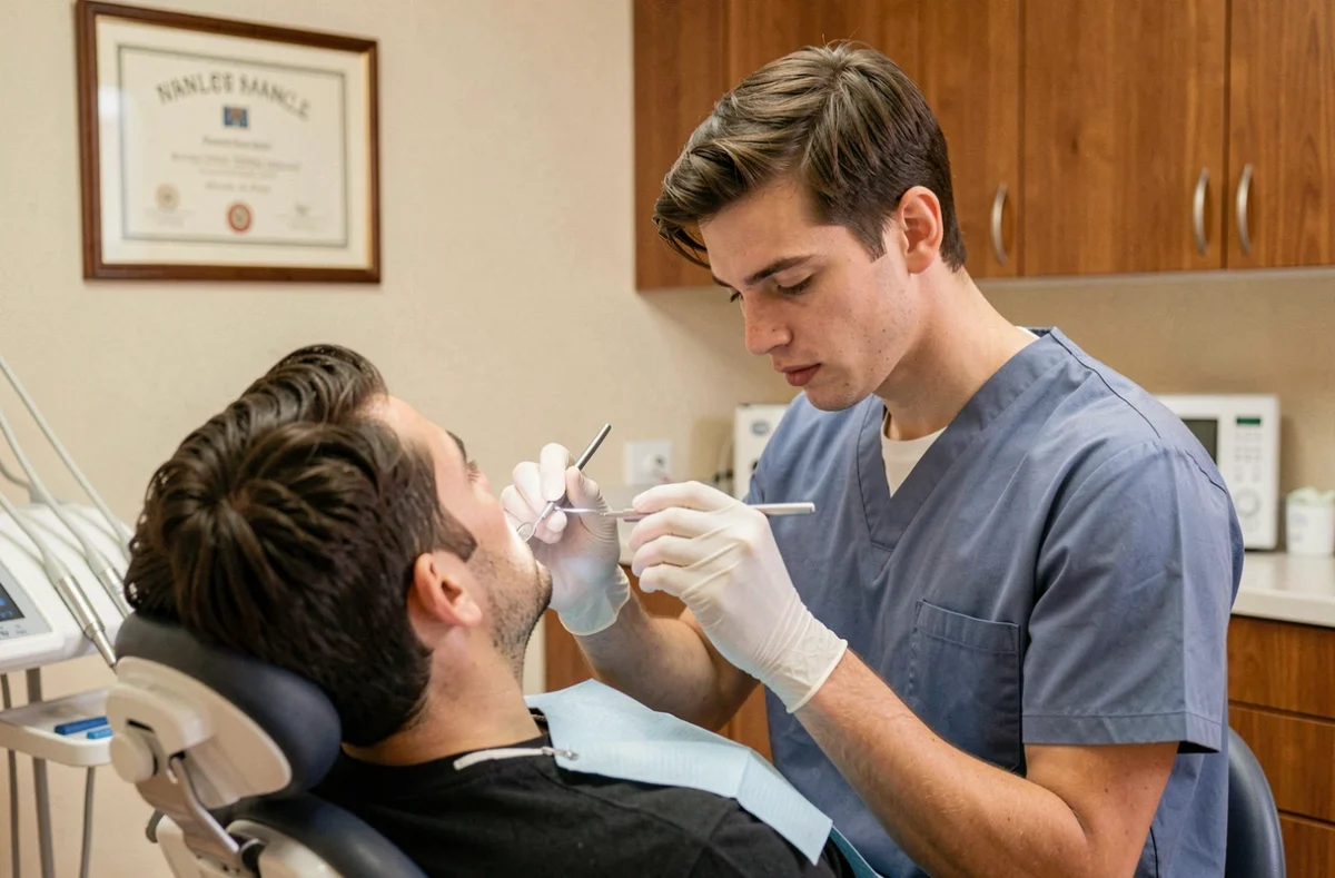 Jeune dentiste masculin réalisant un examen bucco-dentaire dans un cabinet privé à Nancy