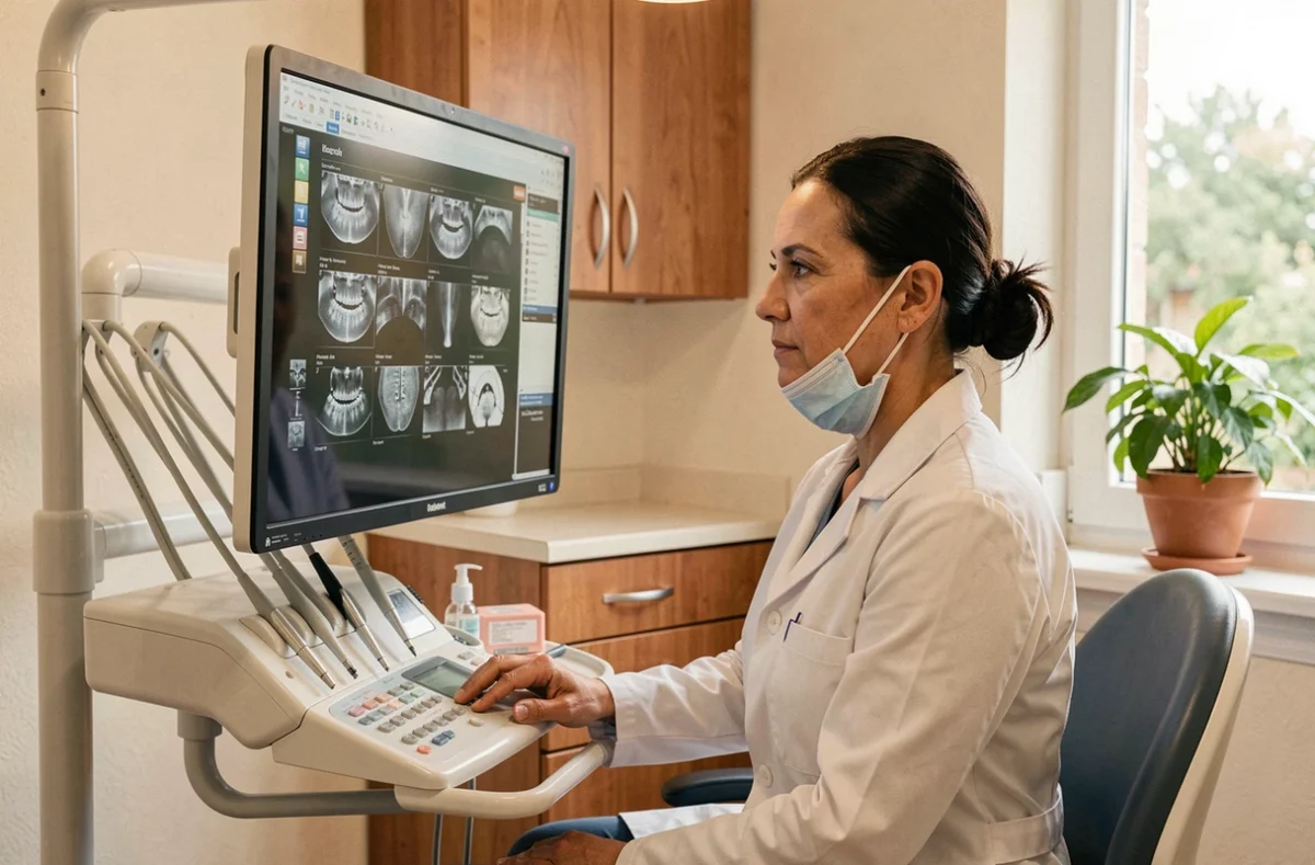 Femme dentiste examinant des radiographies dentaires dans son cabinet à Neuves-Maisons