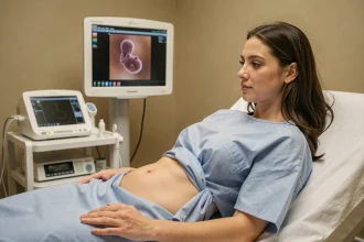 Femme enceinte allongée sur une table d'examen lors d'une échographie de datation dans une salle médicale moderne