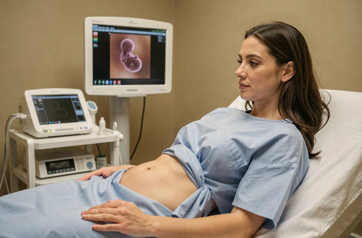 Femme enceinte allongée sur une table d'examen lors d'une échographie de datation dans une salle médicale moderne