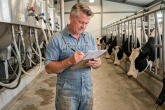 Éleveur laitier consultant les résultats d'analyse Infolabo dans une salle de traite moderne avec des vaches Holstein en arrière-plan