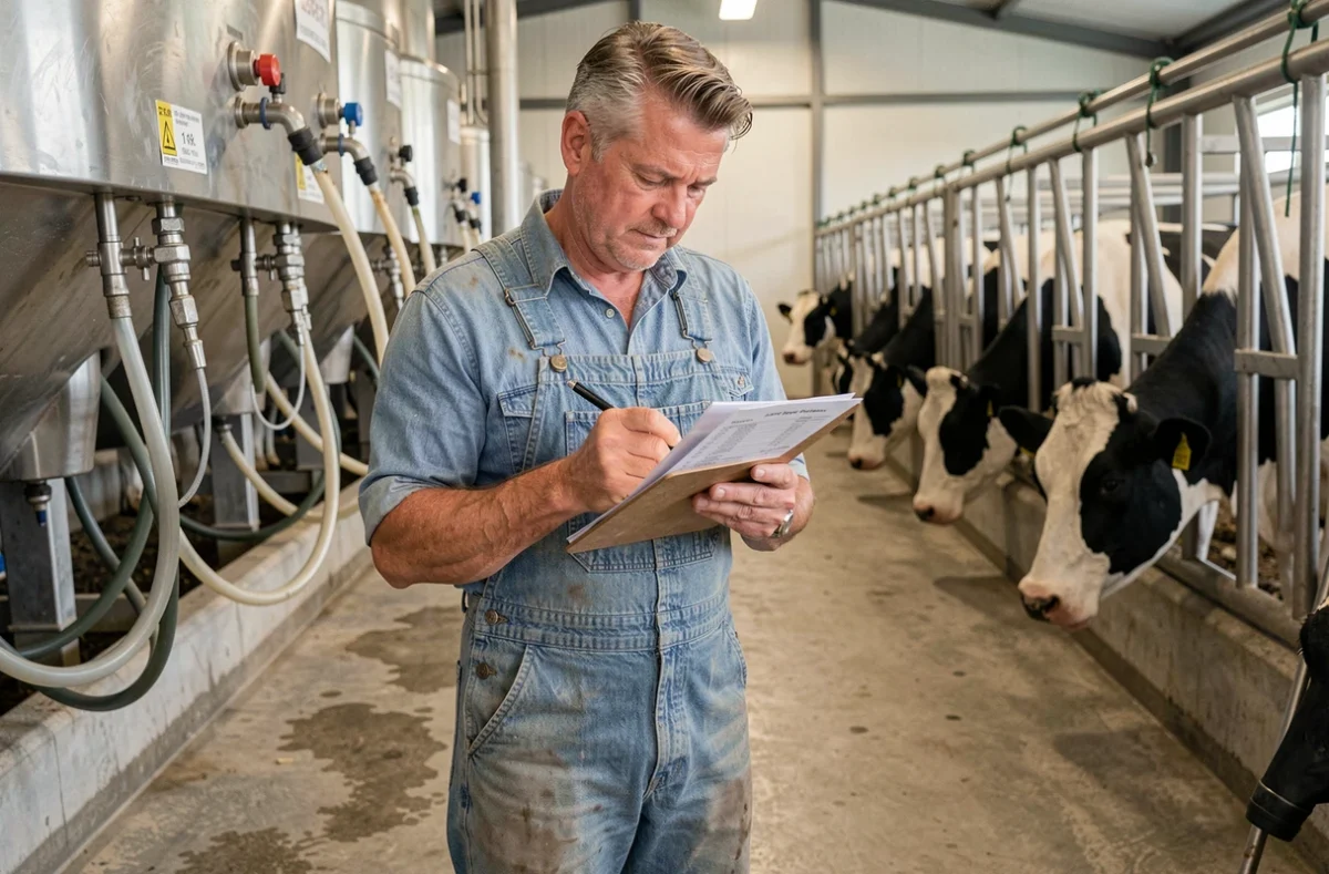 Éleveur laitier consultant les résultats d'analyse Infolabo dans une salle de traite moderne avec des vaches Holstein en arrière-plan