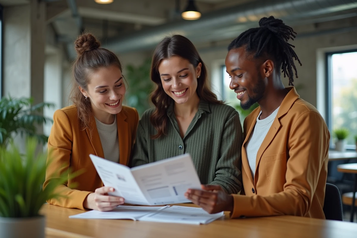Employés d'entreprise découvrant ensemble les avantages de leur mutuelle santé collective en open space