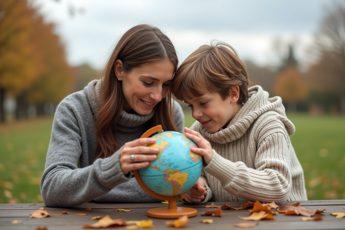 Femme et garçon regardant un globe dans un parc automnal