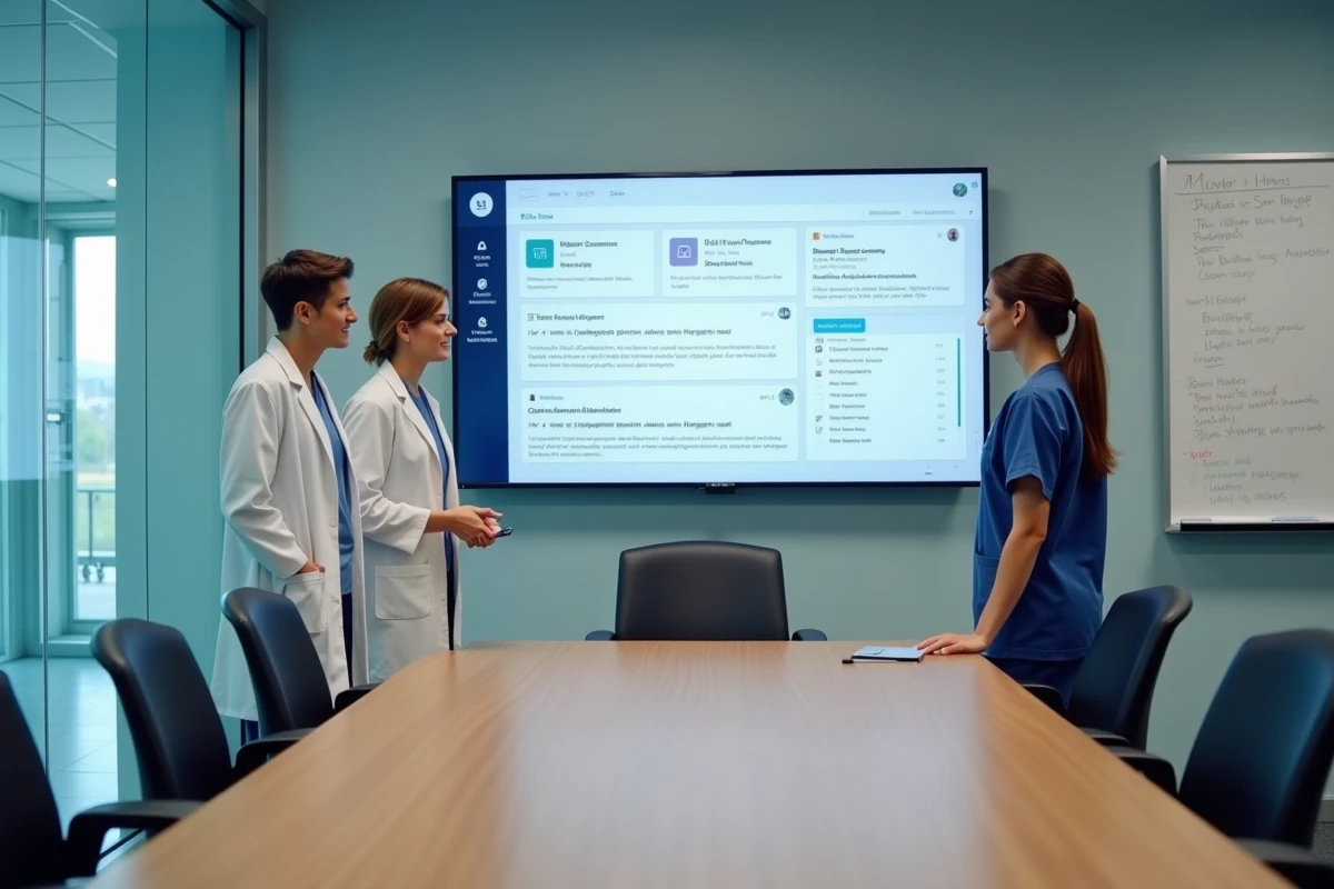 Équipe de professionnels de santé du CHU Montpellier collaborant via une messagerie centralisée en salle de réunion