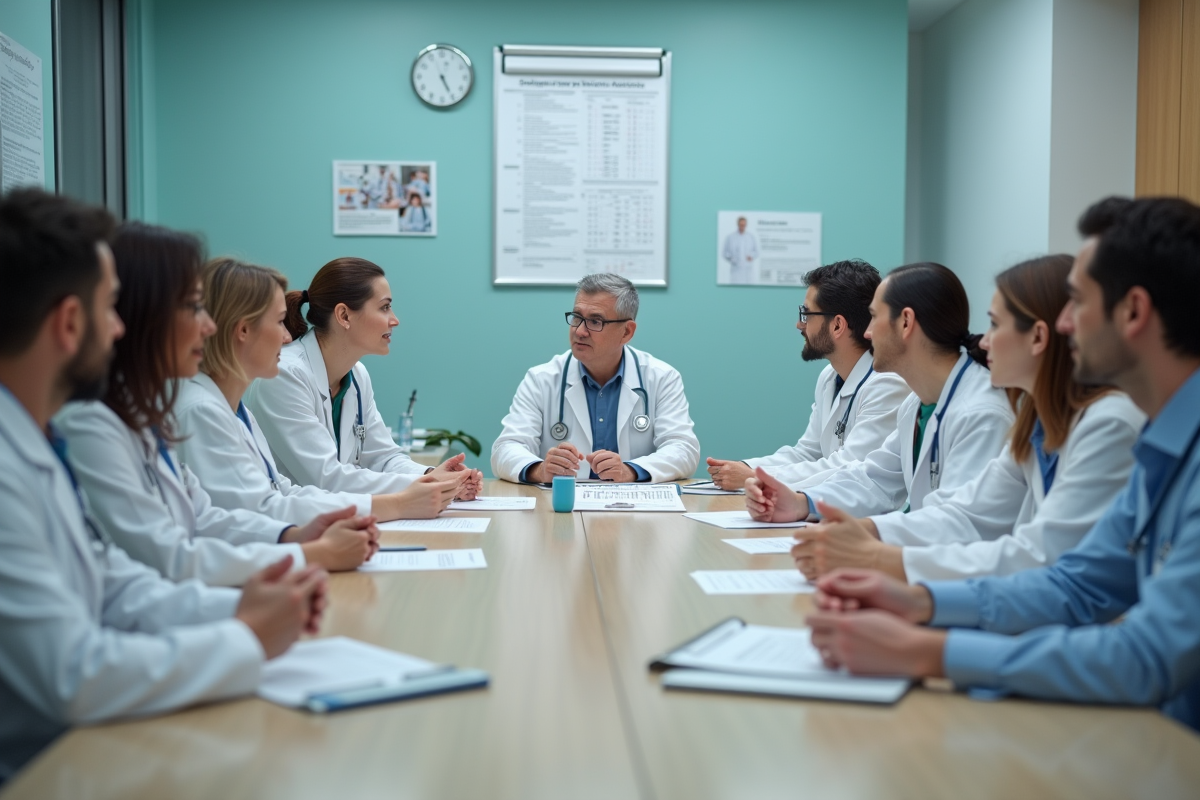 Groupe de professionnels de santé en réunion dans un hôpital