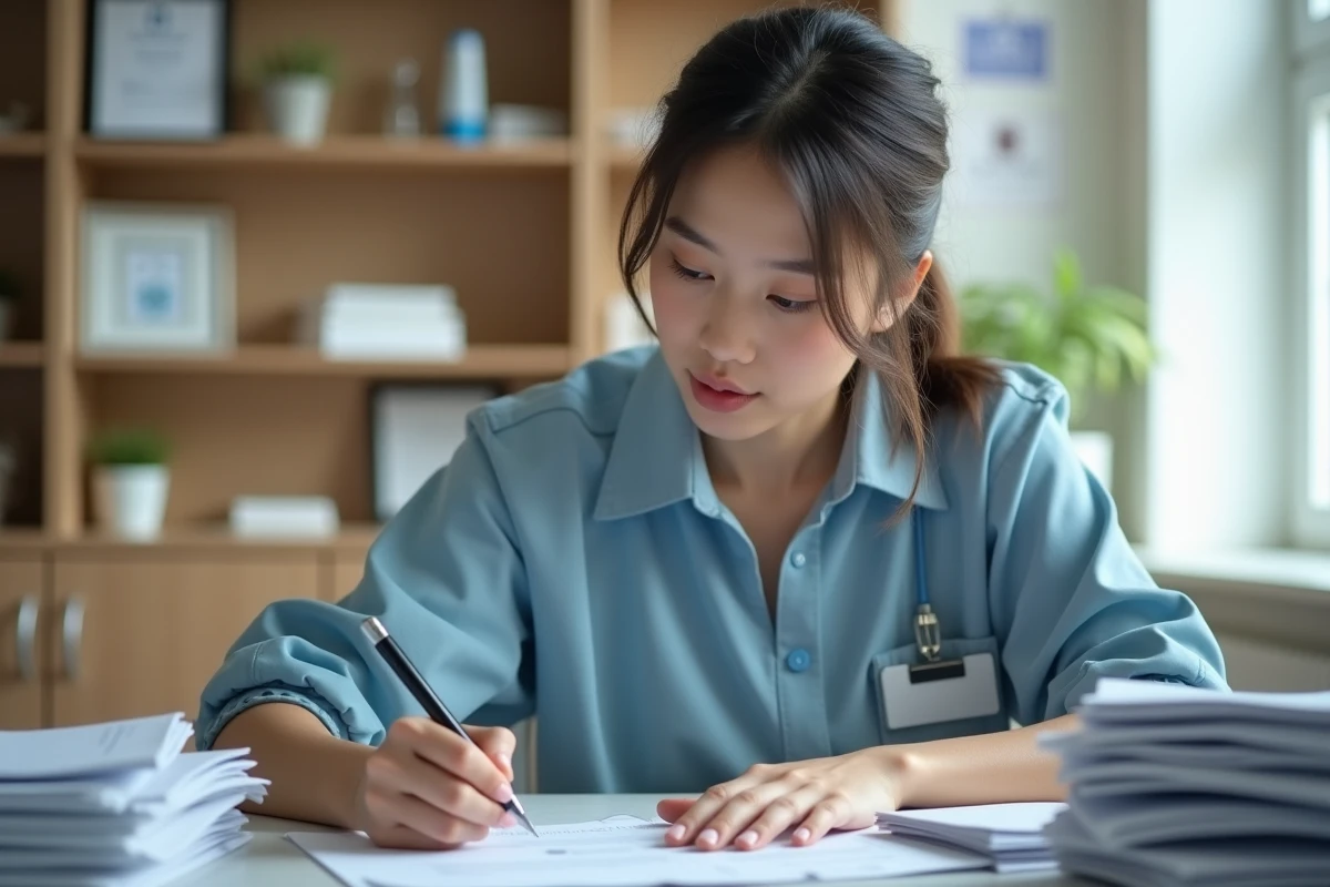 Jeune ergothérapeute au bureau hospitalier en pleine rédaction