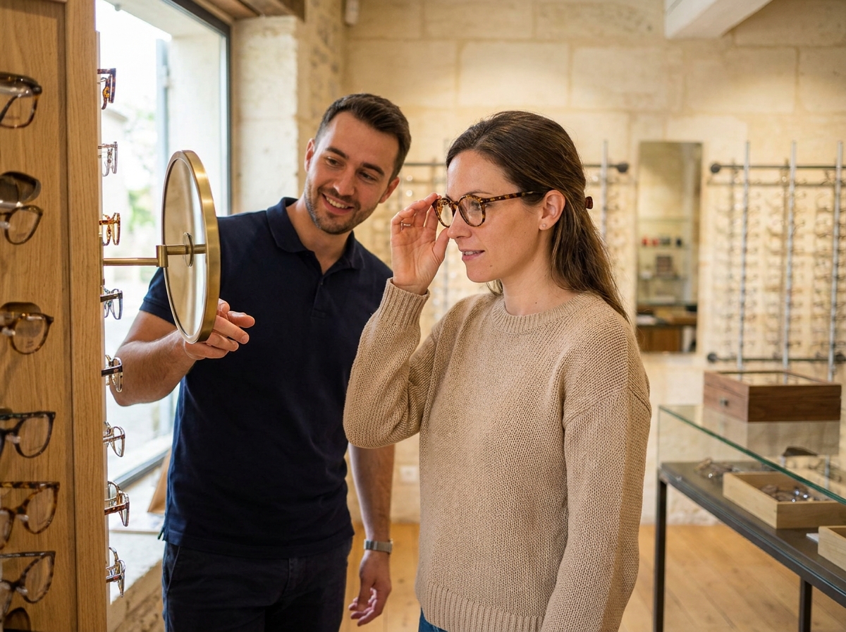 Jeune femme essayant des lunettes avec l'aide d'un opticien dans une boutique d'optique familiale