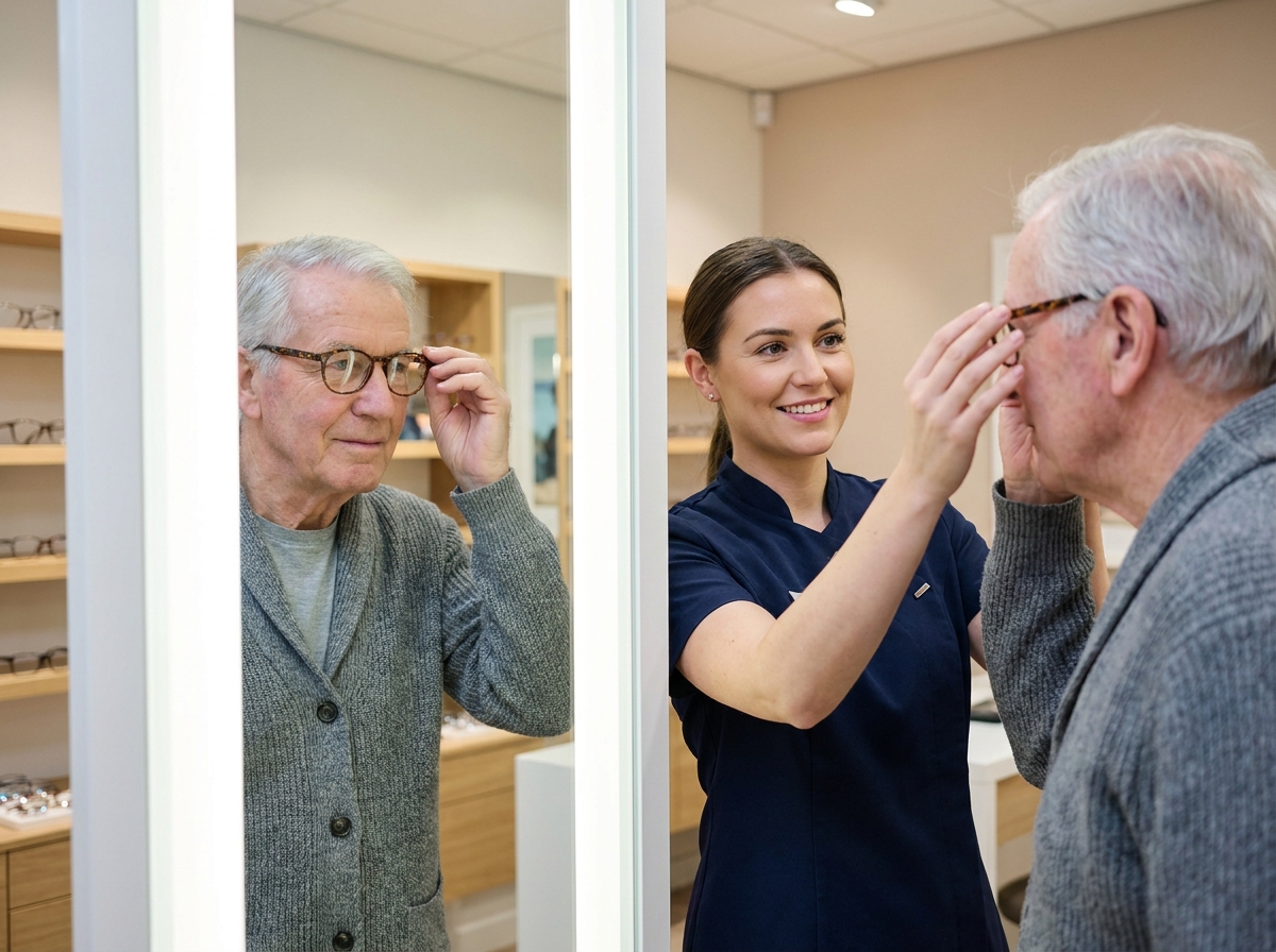 Un homme âgé essayant des lunettes avec l'aide d'une opticienne dans un magasin d'optique