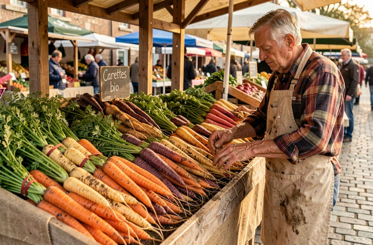 Étal de marché fermier avec des variétés de carottes biologiques colorées et un vendeur arrangeant les légumes frais