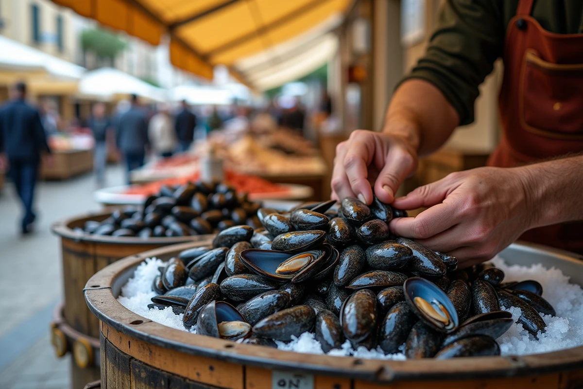 Étal de marché côtier français avec des moules fraîches sur glace, illustrant la richesse nutritionnelle des fruits de mer pour l'immunité