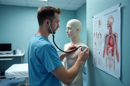 Étudiant en médecine auscultant un mannequin clinique avec un stéthoscope, diagramme des foyers cardiaques en arrière-plan