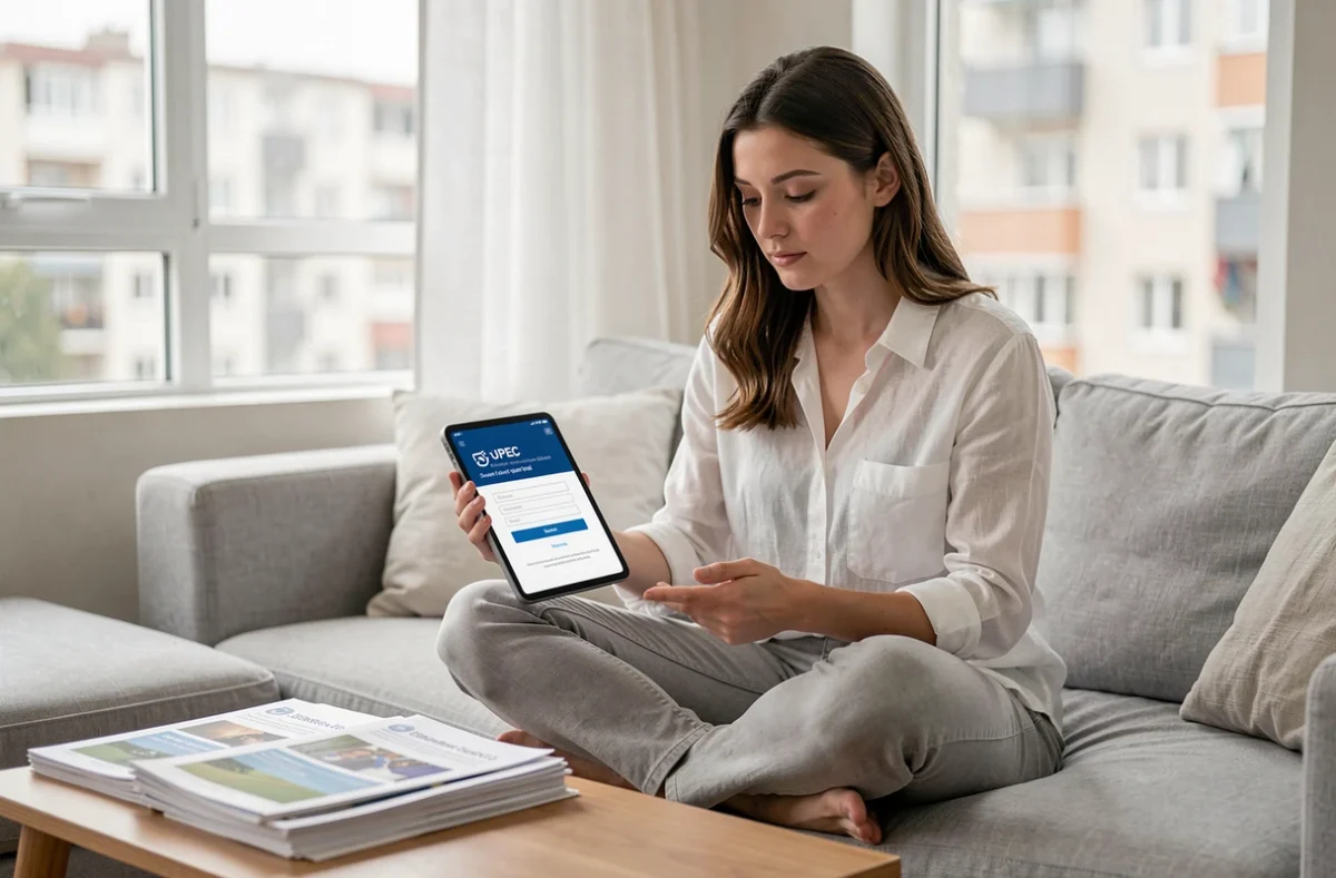 Jeune étudiante accédant à son espace Cristolink UPEC via une tablette depuis son salon