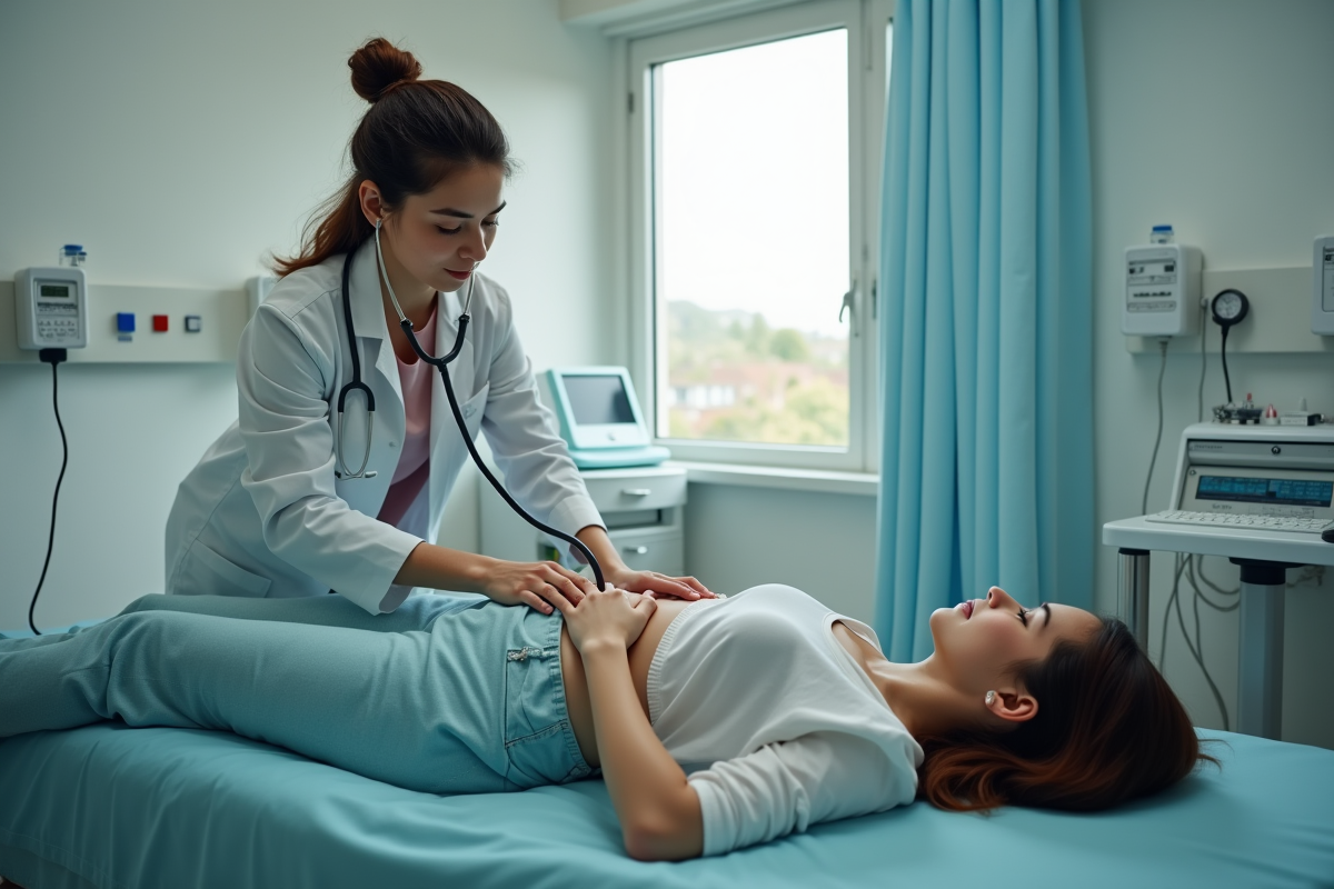 Médecin auscultant une femme enceinte sur une table d