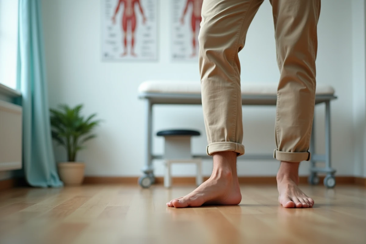 Homme debout pieds nus dans un cabinet de kinésithérapie examinant son pied gauche douloureux