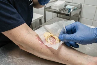 Professionnel de santé en gants examinant une plaie avec tissu fibrineux visible sur l'avant-bras d'un patient en milieu clinique