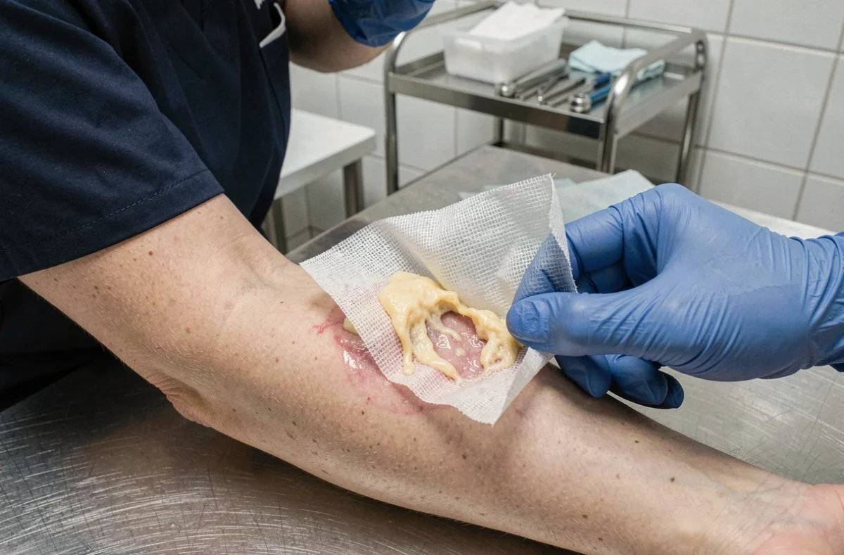 Professionnel de santé en gants examinant une plaie avec tissu fibrineux visible sur l'avant-bras d'un patient en milieu clinique