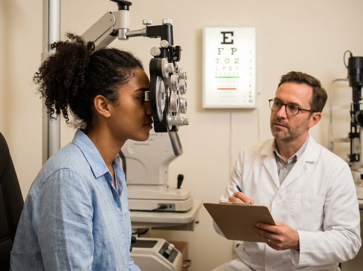 Une jeune femme lors d'un examen de vue chez un opticien avec un phoroptère