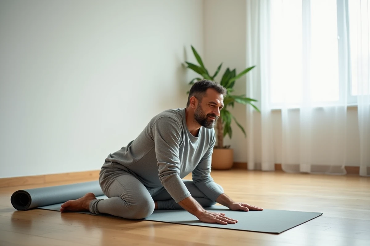 Homme pratiquant le yoga à domicile dans le cadre d'un programme express pour faire baisser les transaminases