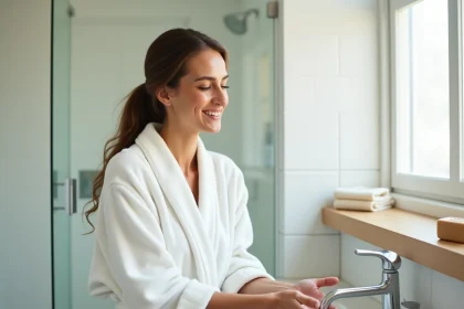 Femme en robe blanche effectuant ses ablutions au lavabo dans une salle de bain épurée