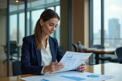 Femme d'affaires en réunion avec graphiques financiers