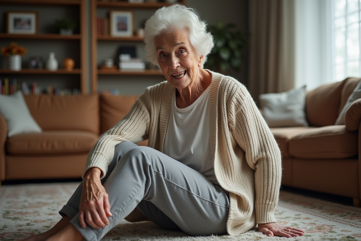 Femme âgée assise sur un tapis après une chute légère