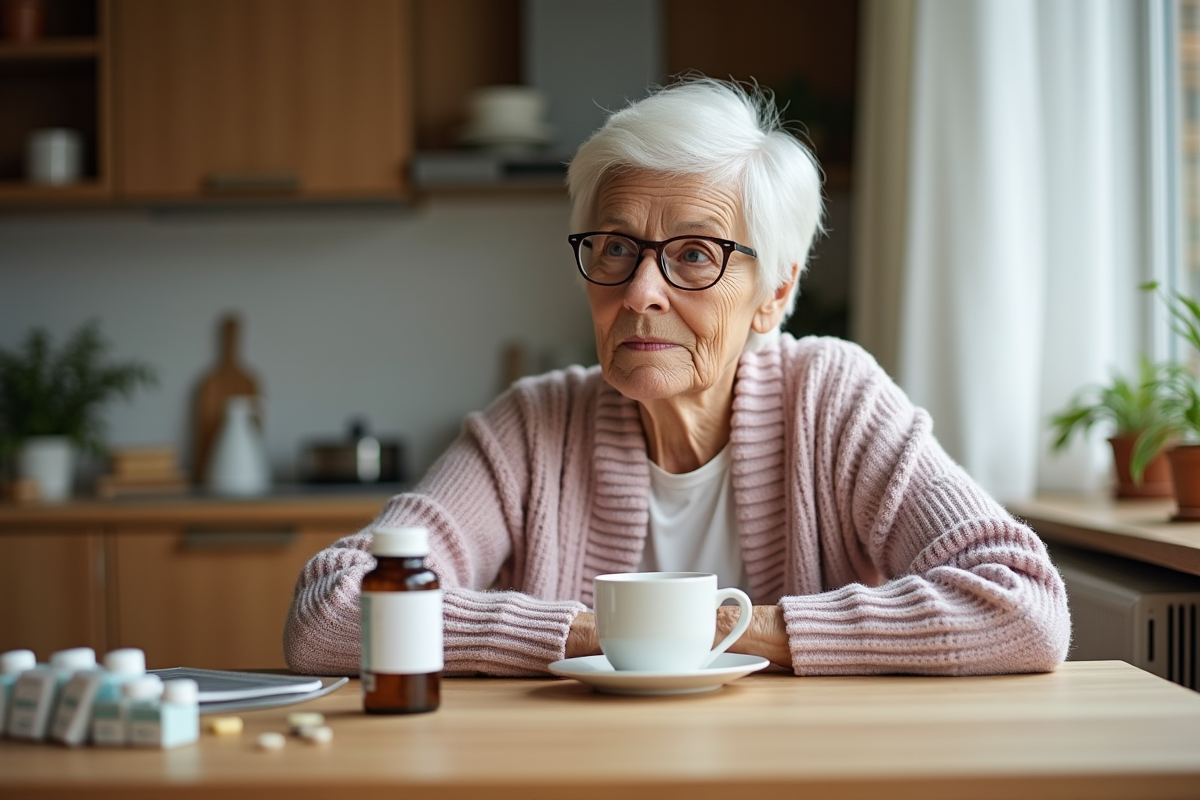 Femme âgée lisant avec thé et médicaments à la maison