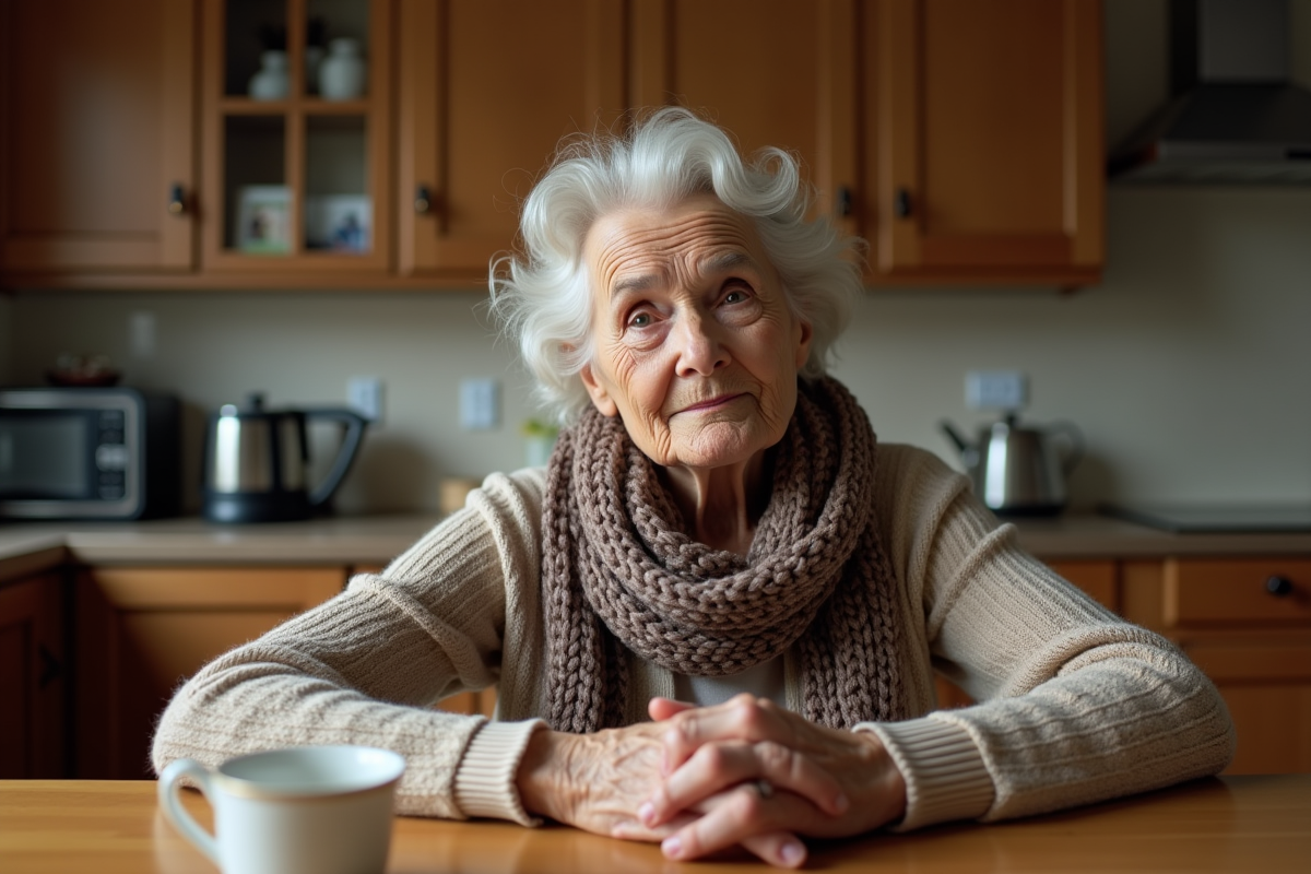 Femme âgée contemplant dans sa cuisine chaleureuse