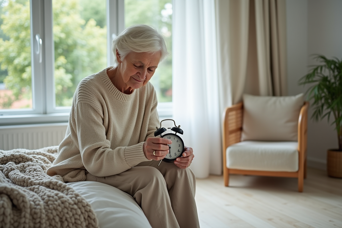 Femme âgée réglant une alarme dans sa chambre lumineuse
