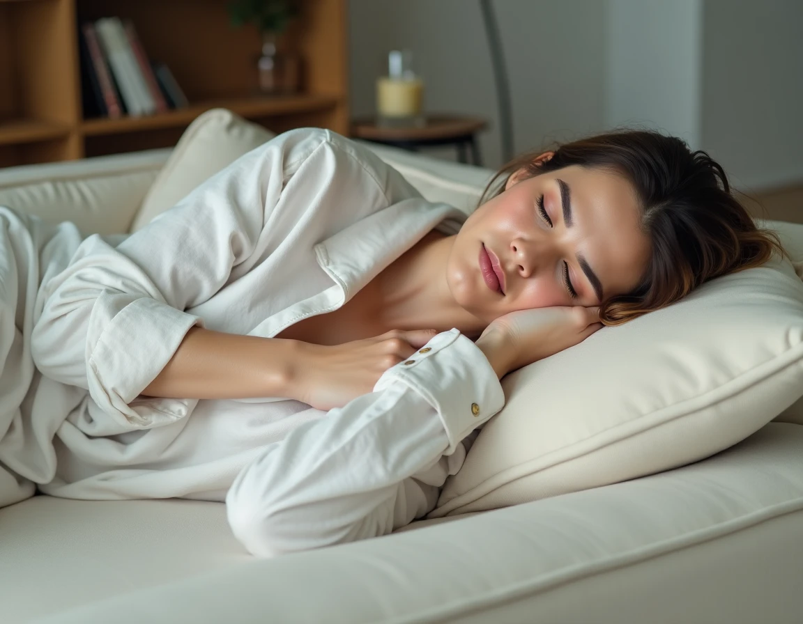 Femme allongée sur un canapé tenant son épaule avec une expression de fatigue et d'inconfort, symbolisant tensions musculaires cervicales et fourmillements