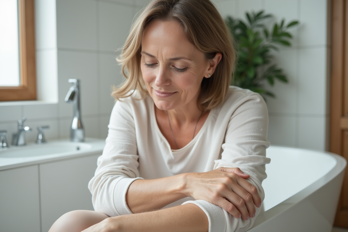 Femme appliquant une creme medicatee sur son bras dans une salle de bain