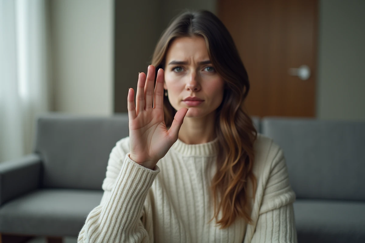 Jeune femme en attente montrant sa main avec souci