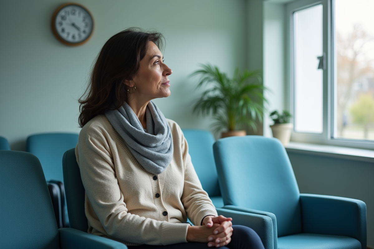 Femme contemplative dans une salle d'attente hospitalière