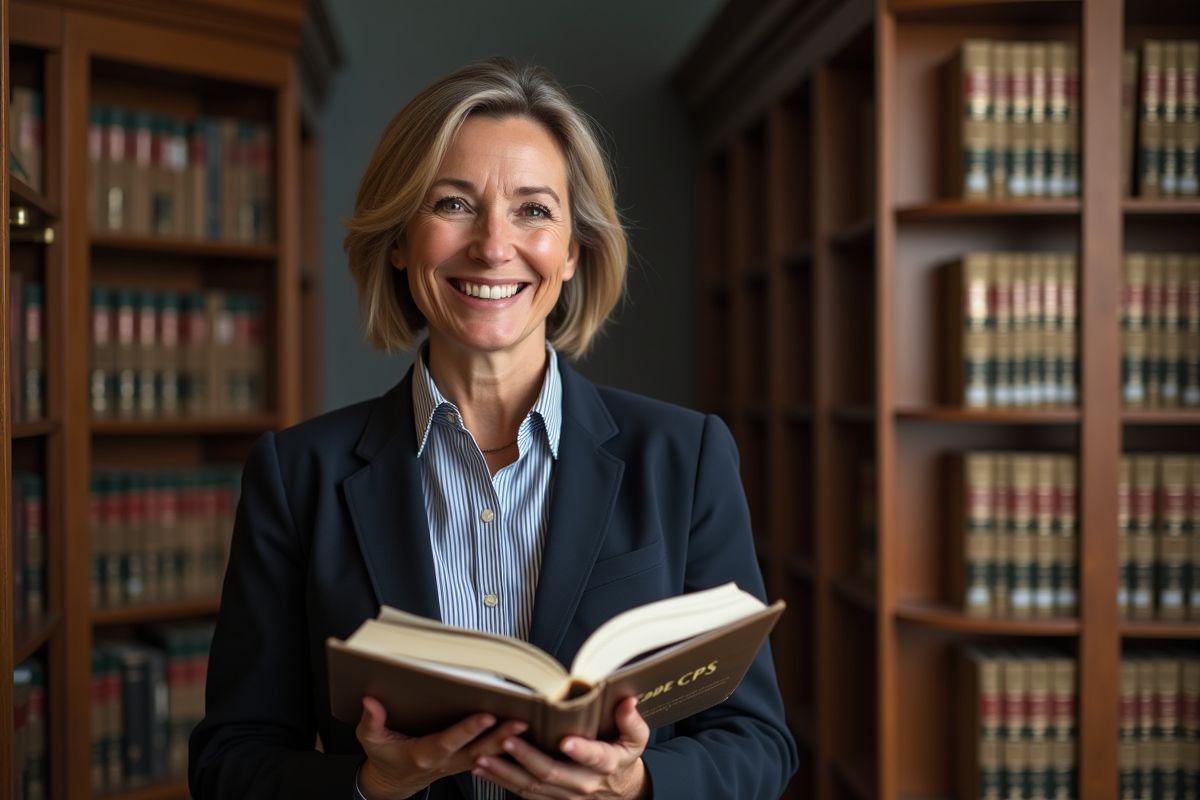 Femme souriante tenant un livre de code dans une bibliothèque
