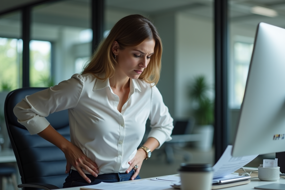 Femme d'âge moyen se massant le dos au bureau