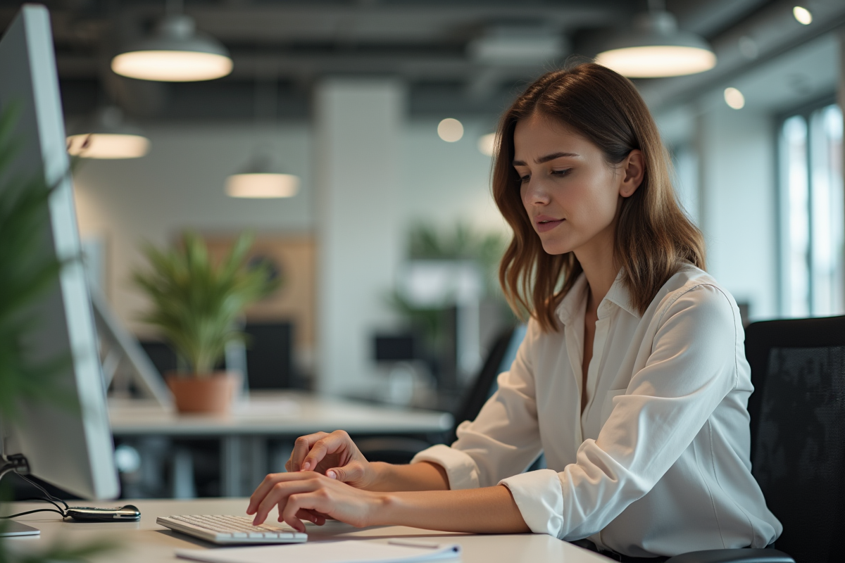 Femme au bureau se massant le poignet pour soulager la douleur