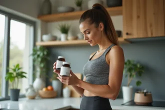 Femme active comparant des compléments alimentaires brûleurs de graisses et un système INDIVA dans une cuisine moderne