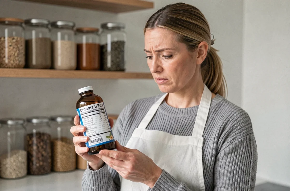 Femme lisant l'étiquette d'un complément alimentaire en oméga 3 dans une cuisine moderne